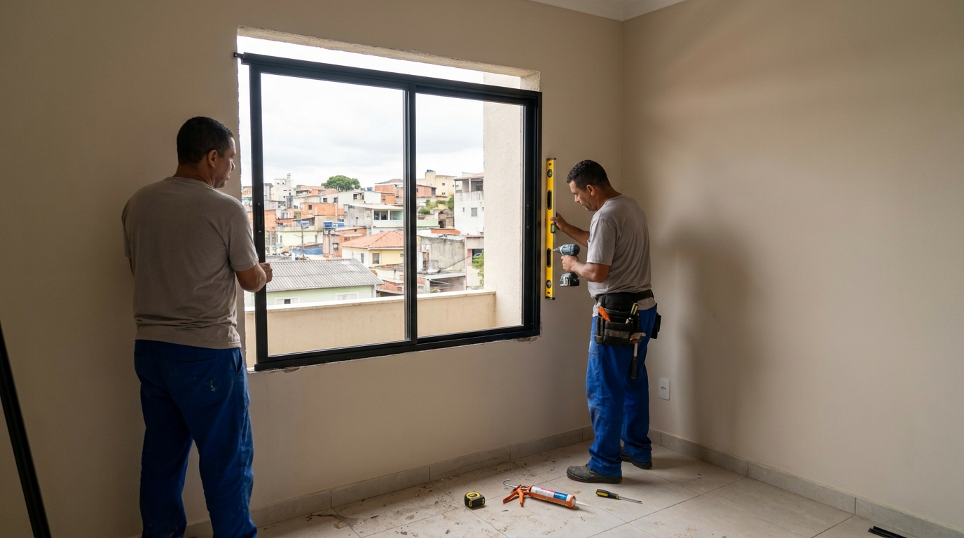 Esquadria de alumínio em quarto bege em Sete Lagoas-MG